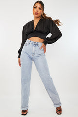 Black Button Front Plunge Satin Crop Top - Khali-Crop Tops