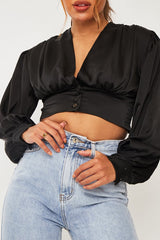 Black Button Front Plunge Satin Crop Top - Khali-Crop Tops