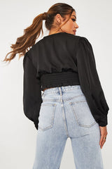 Black Button Front Plunge Satin Crop Top - Khali-Crop Tops