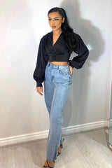 Black Button Front Plunge Satin Crop Top - Khali-Crop Tops