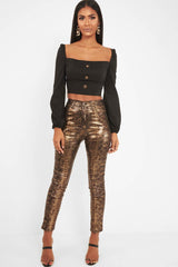 Black Button Front Puff Sleeve Crop Top - Analiese-Crop Tops
