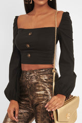 Black Button Front Puff Sleeve Crop Top - Analiese-Crop Tops