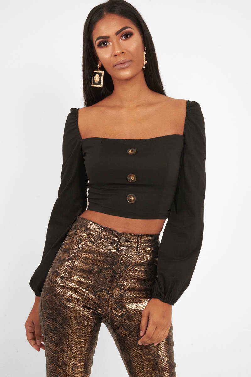 Black Button Front Puff Sleeve Crop Top - Analiese-Crop Tops