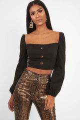 Black Button Front Puff Sleeve Crop Top - Analiese-Crop Tops