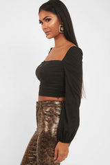 Black Button Front Puff Sleeve Crop Top - Analiese-Crop Tops