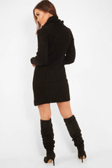 Black Button Front Roll Neck Jumper Dress - Ericka-Dresses