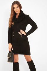 Black Button Front Roll Neck Jumper Dress - Ericka-Dresses