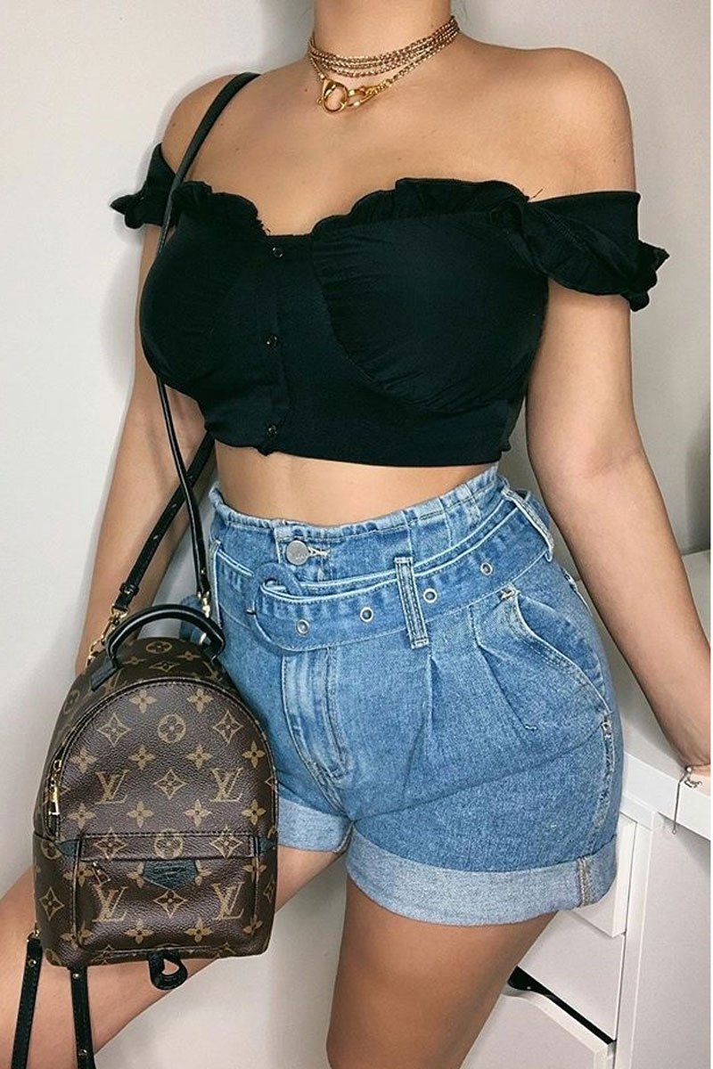 Black Button Front Ruffle Top - Franceska-Tops