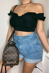 Black Button Front Ruffle Top - Franceska-Tops