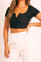 Black Button Front Scoop Neck Crop Top - Khiya-Crop Tops