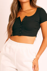 Black Button Front Scoop Neck Crop Top - Khiya-Crop Tops