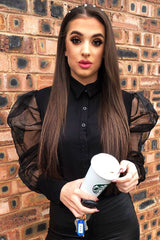 Black Button Front Sheer Long Sleeve Shirt - Fay-Shirts