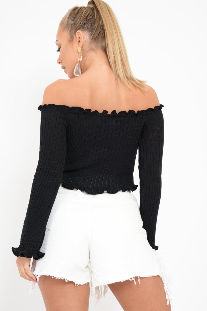 Black Button Up Cropped Bardot Jumper - Cielo-Crop Jumper