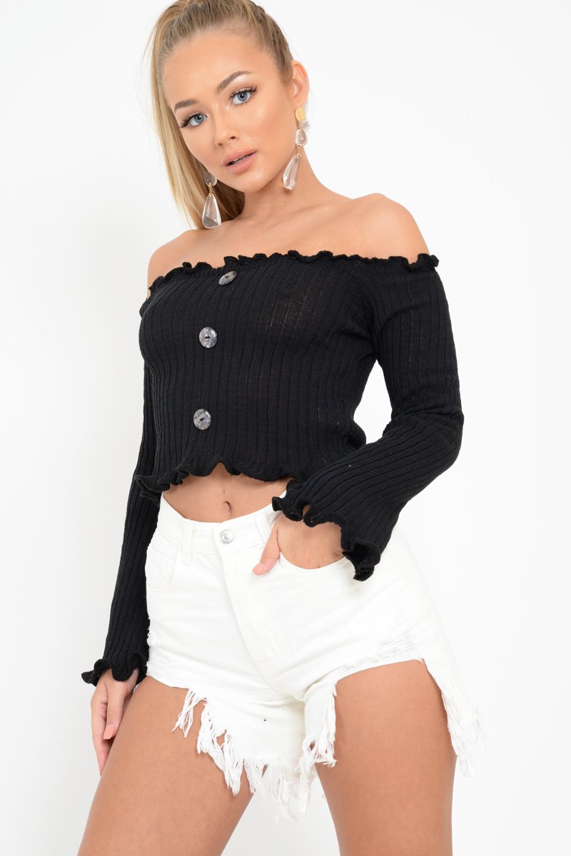Black Button Up Cropped Bardot Jumper - Cielo-Crop Jumper