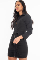 Black Button Zip Detail Belted Shirt Dress - Arabelle-Dresses