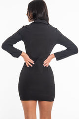 Black Button Zip Detail Belted Shirt Dress - Arabelle-Dresses