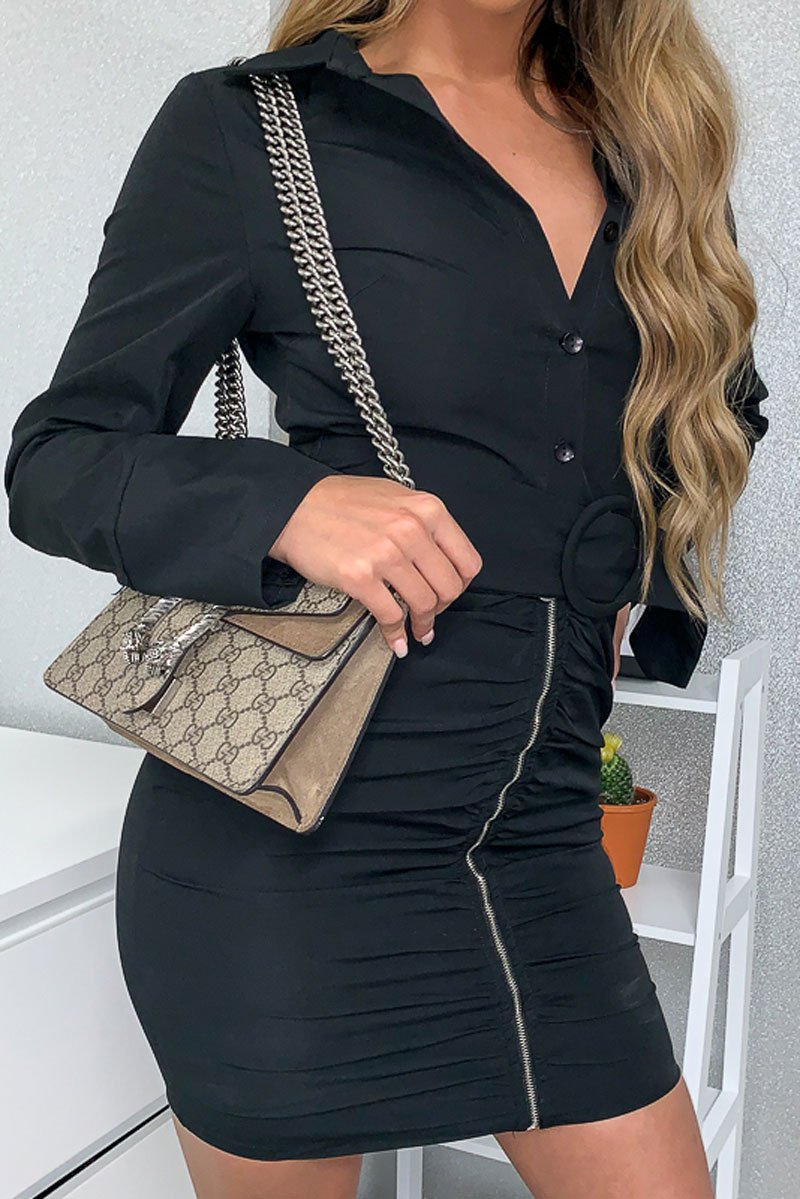 Black Button Zip Detail Belted Shirt Dress - Arabelle-Dresses