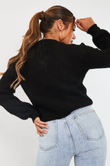 Black Cable Front Round Neck Jumper - Idah-Jumper