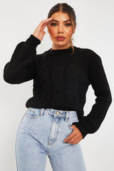 Black Cable Front Round Neck Jumper - Idah-Jumper