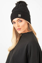 Black Cable Knit Bobble Hat - Lillyona-Hats