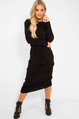 Black Cable Knit Drawstring Waist Dress - Rhea-Dresses
