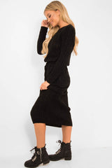 Black Cable Knit Drawstring Waist Dress - Rhea-Dresses