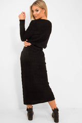 Black Cable Knit Drawstring Waist Dress - Rhea-Dresses