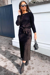 Black Cable Knit Drawstring Waist Dress - Rhea-Dresses