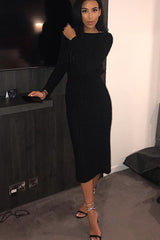 Black Cable Knit Drawstring Waist Dress - Rhea-Dresses