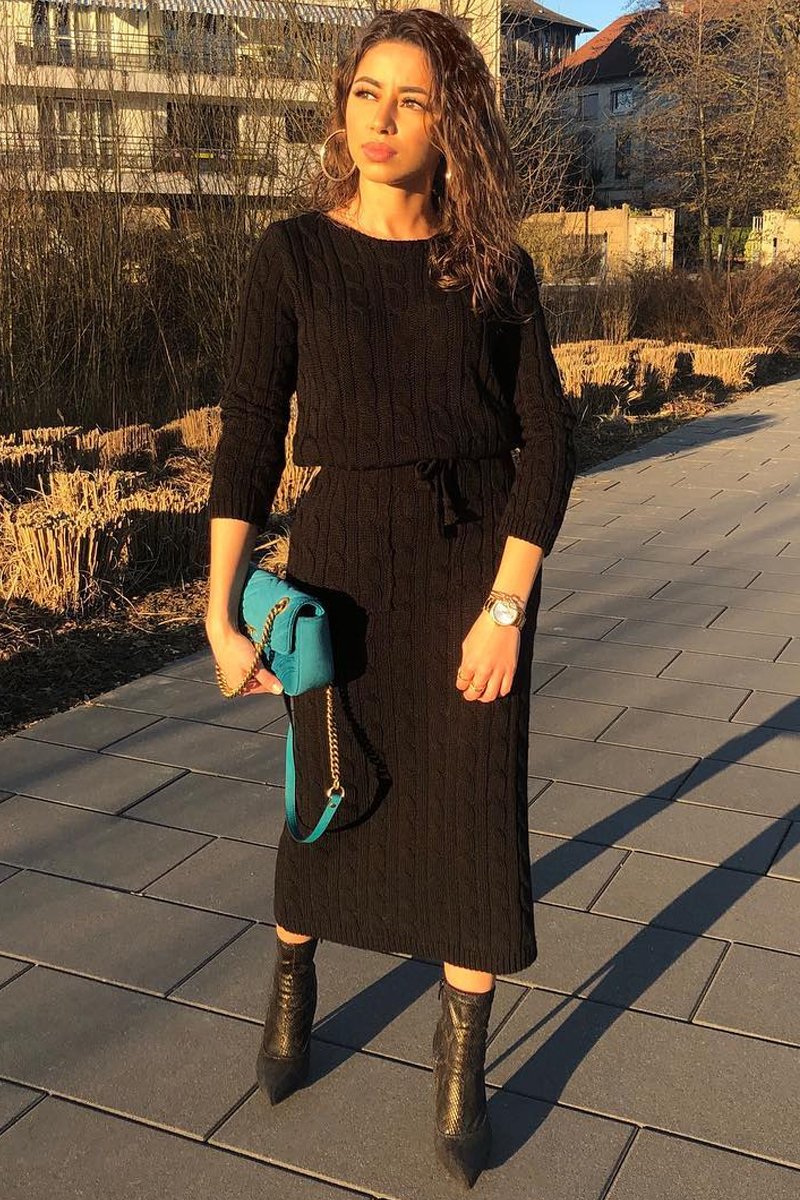 Black Cable Knit Drawstring Waist Dress - Rhea-Dresses