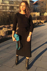 Black Cable Knit Drawstring Waist Dress - Rhea-Dresses