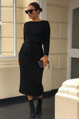 Black Cable Knit Drawstring Waist Dress - Rhea-Dresses