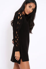Black Cable Knit Jumper Dress with Cut out Detail - Daysie-Jumper