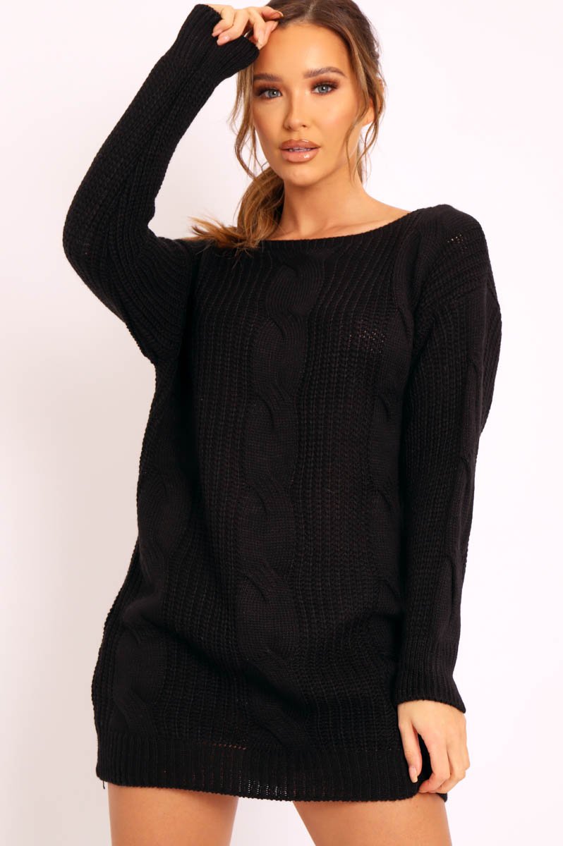 Black Cable Knit Off Shoulder Jumper Dress - Berry-Dresses