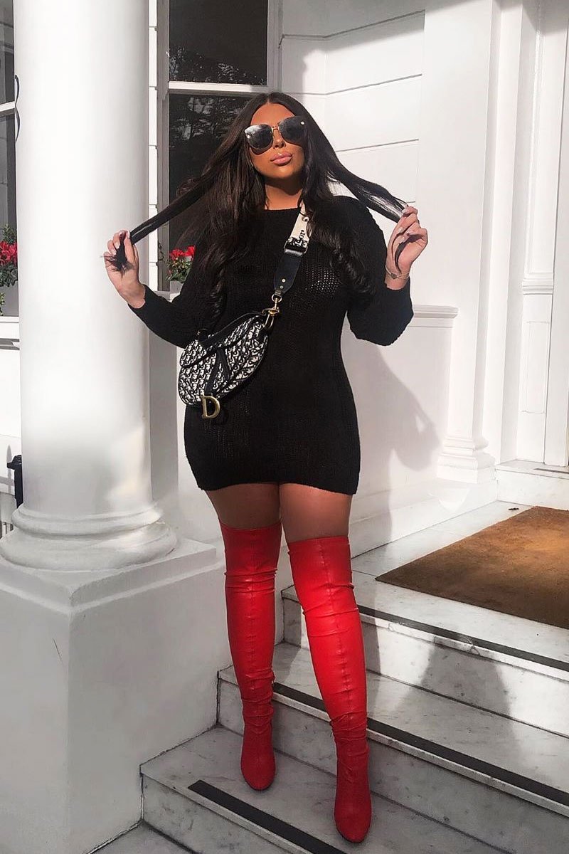 Black Cable Knit Off Shoulder Jumper Dress - Berry-Dresses