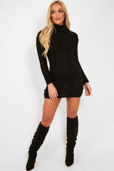 Black Cable Knit Roll Neck Jumper Dress - Matilda-Dresses