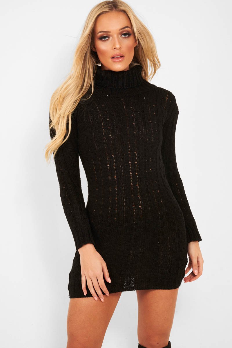 Black Cable Knit Roll Neck Jumper Dress - Matilda-Dresses