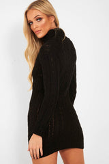 Black Cable Knit Roll Neck Jumper Dress - Matilda-Dresses