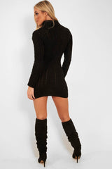 Black Cable Knit Roll Neck Jumper Dress - Matilda-Dresses