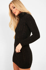Black Cable Knit Roll Neck Jumper Dress - Matilda-Dresses