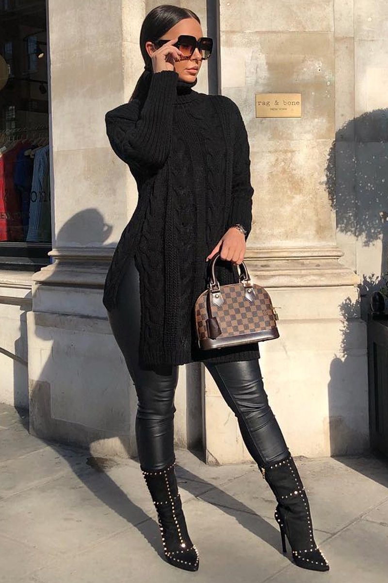 Black Cable Knit Roll Neck Jumper - Laraina-Jumper