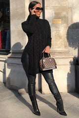 Black Cable Knit Roll Neck Jumper - Laraina-Jumper
