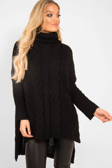 Black Cable Knit Roll Neck Jumper - Laraina-Jumper