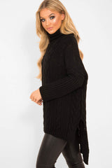 Black Cable Knit Roll Neck Jumper - Laraina-Jumper