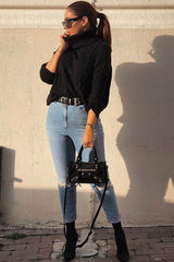 Black Cable Knit Roll Neck Jumper - Laraina-Jumper