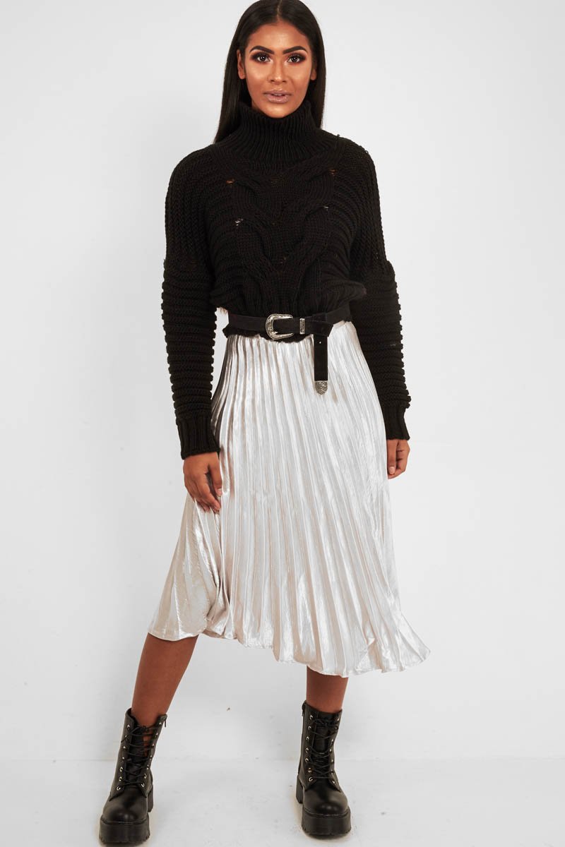 Black Cable Knit Sleeve Detail Jumper - Miyonna-Jumper