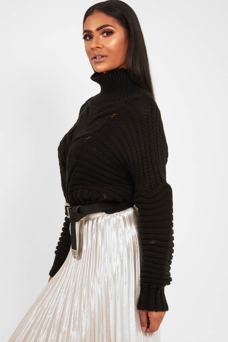 Black Cable Knit Sleeve Detail Jumper - Miyonna-Jumper