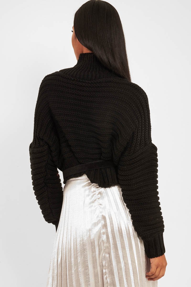 Black Cable Knit Sleeve Detail Jumper - Miyonna-Jumper