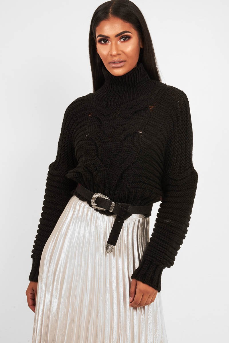 Black Cable Knit Sleeve Detail Jumper - Miyonna-Jumper
