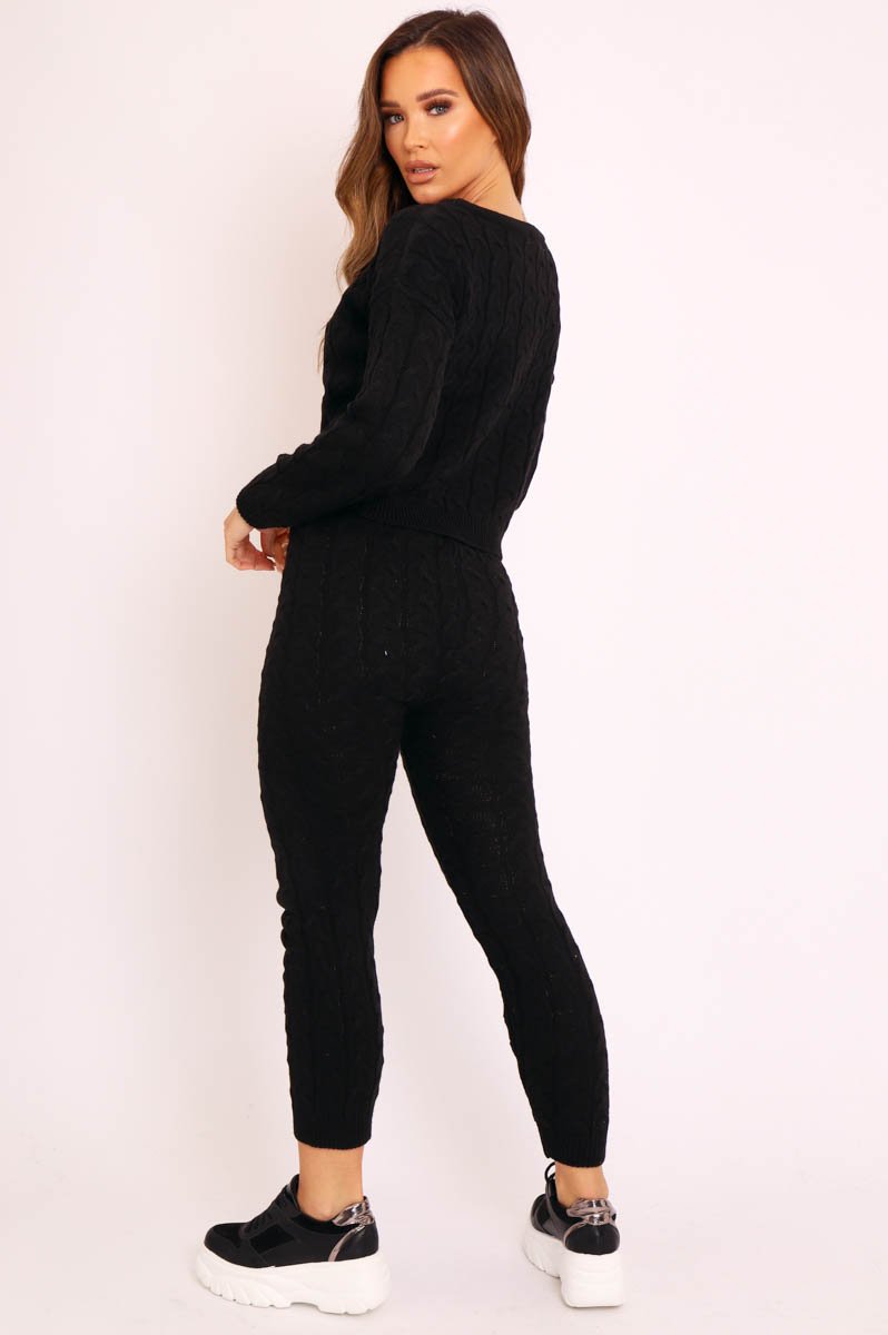 Black Cable Knit Sweater and Leggings Loungewear Co-ord - Ionia-Co-ords